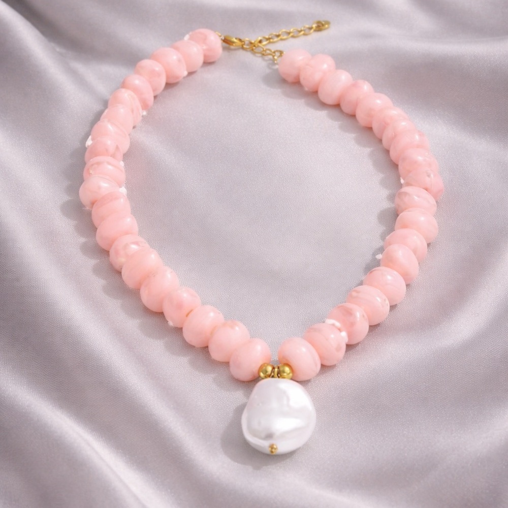 Luxury Blush Pink Gemstone Necklace with Baroque Pearl Pendant